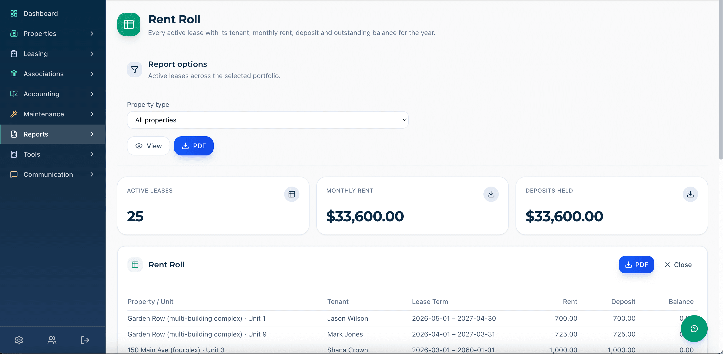 EbSpace Rent Roll report